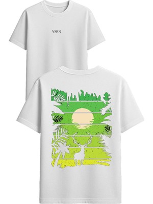 Vsrn Geyik Orman Tasarım Baskılı Beyaz Oversize T Shirt