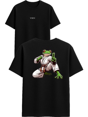 Vsrn Kung Fu Kurbağa Tasarım Baskılı Siyah Oversize T Shirt