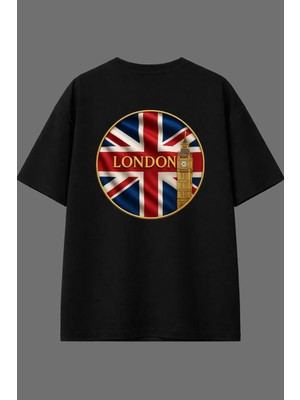 Vsrn London Bayrak Tasarım Arka Baskılı Siyah Oversize T Shirt