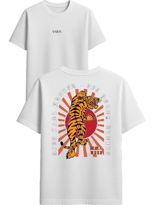 Vsrn Altın Çanlı Kaplan Tasarım Baskılı Beyaz Oversize T Shirt