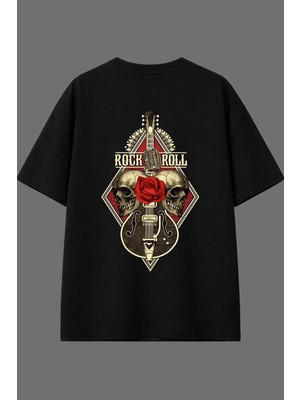 Vsrn Rock Roll Tasarım Arka Baskılı Siyah Oversize T Shirt