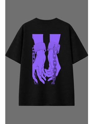Vsrn Kelepçeli Eller Tasarım Arka Baskılı Siyah Oversize T Shirt
