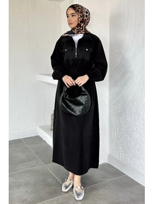 Julude Puane Polo Yaka Ön Yarım Fermuarlı Tesettür Elbise P-00020577