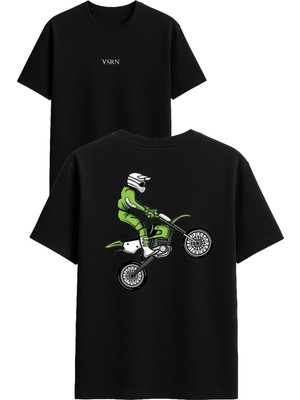 Vsrn Yeşil Cross Motor Tasarım Baskılı Siyah Oversize T Shirt