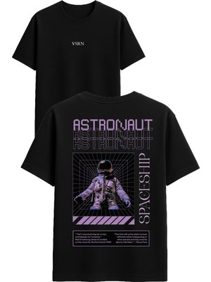 Vsrn Astronaut Astronaut Tasarım Baskılı Siyah Oversize T Shirt
