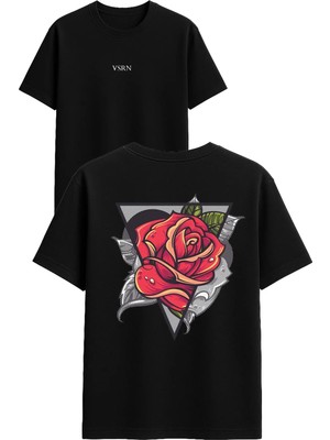 Vsrn Üçgen Gül Tasarım Baskılı Siyah Oversize T Shirt