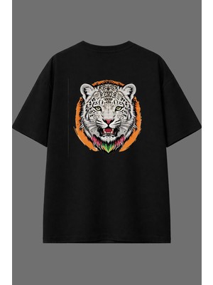 Vsrn Leopar 2 Tasarım Arka Baskılı Siyah Oversize T Shirt