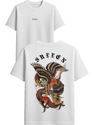 Vsrn Şahin ve Ejder Tasarım Baskılı Beyaz Oversize T Shirt