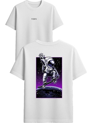 Vsrn Kaykaycı Astronot Tasarım Baskılı Beyaz Oversize T-Shirt