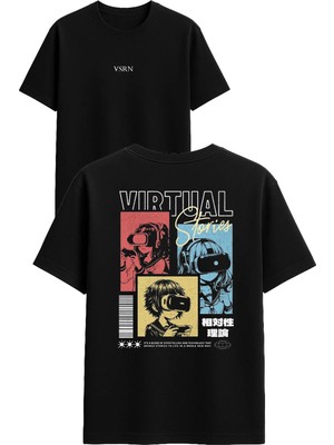 Vsrn Vırtual Tasarım Baskılı Siyah Oversize T Shirt