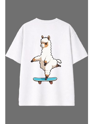 Vsrn Kaykaycı Lama Tasarım Arka Baskılı Beyaz Oversize T Shirt