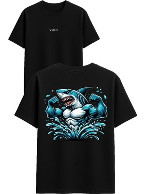 Vsrn Gym Shark Tasarım Baskılı Siyah Oversize T Shirt