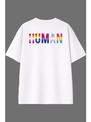 Vsrn Human 1 Tasarım Arka Baskılı Beyaz Oversize T Shirt
