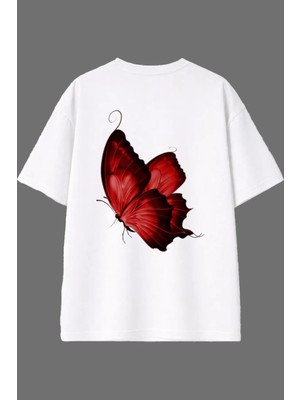 Vsrn Kırmızı Kelebek Tasarım Arka Baskılı Beyaz Oversize T Shirt