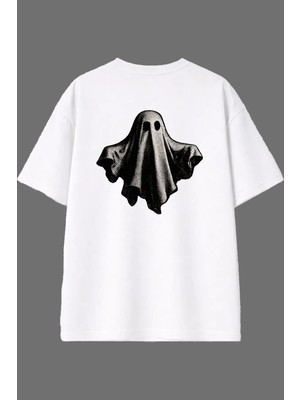 Vsrn Retro Hayalet Tasarım Arka Baskılı Beyaz Oversize T Shirt