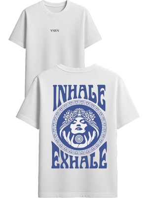 Vsrn Inhale Exhale Tasarım Baskılı Beyaz Oversize T-Shirt