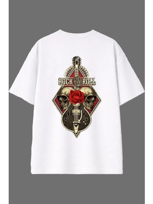 Vsrn Rock Roll Tasarım Arka Baskılı Beyaz Oversize T Shirt