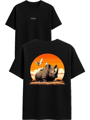 Vsrn Gergedan Tasarım Baskılı Siyah Oversize T Shirt