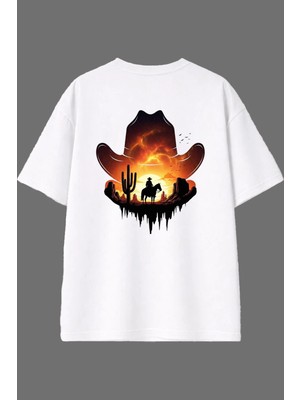 Vsrn Kovboy Şapkası Tasarım Arka Baskılı Beyaz Oversize T Shirt