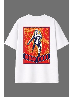 Vsrn Muay Thai 1 Tasarım Arka Baskılı Beyaz Oversize T Shirt