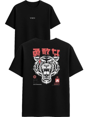 Vsrn Beyaz Sert Kaplan Tasarım Baskılı Siyah Oversize T Shirt