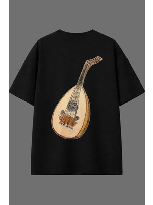 Vsrn Saz Çizim Tasarım Arka Baskılı Siyah Oversize T Shirt