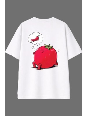Vsrn Aşık Domates Tasarım Arka Baskılı Beyaz Oversize T Shirt