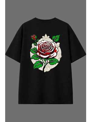 Vsrn Gül Figürü Tasarım Arka Baskılı Siyah Oversize T Shirt