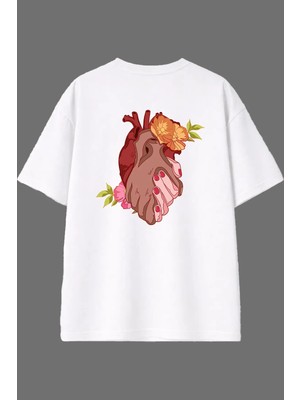 Vsrn Kalp El Tasarım Arka Baskılı Beyaz Oversize T Shirt