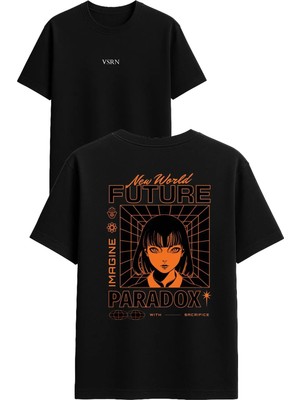 Vsrn New World Future Tasarım Baskılı Siyah Oversize T Shirt