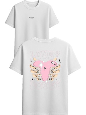 Vsrn Lovey Dovey Tasarım Baskılı Beyaz Oversize T-Shirt