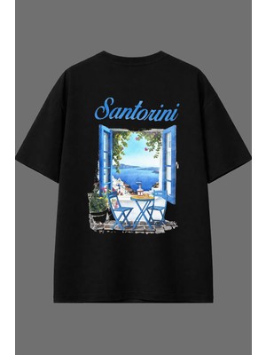 Vsrn Santorini Tasarım Arka Baskılı Siyah Oversize T Shirt