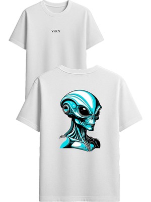Vsrn Uzaylı Adam Tasarım Baskılı Beyaz Oversize T Shirt