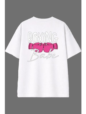 Vsrn Boxing Baby Tasarım Arka Baskılı Beyaz Oversize T Shirt