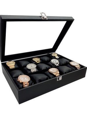 Chavin Siyah Deri Saat Kutusu 15'li Cam Üstü Özel Kilitli Tasarım Hediye Seçeneği ST15-68