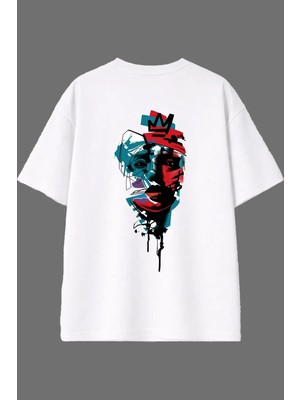Vsrn Garip Çizim Tasarım Arka Baskılı Beyaz Oversize T Shirt
