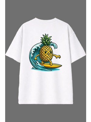 Vsrn Surfçü Ananas Tasarım Arka Baskılı Beyaz Oversize T Shirt