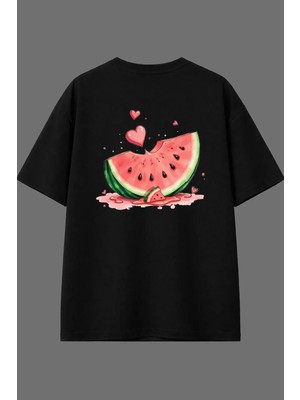 Vsrn Karpuz Dilimi Tasarım Arka Baskılı Siyah Oversize T Shirt
