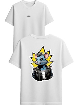 Vsrn Havalı Fare Tasarım Baskılı Beyaz Oversize T Shirt