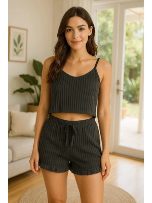 Shopwave Crop Takım - Askılı Crop Takım Likralı Siyah (Xl)