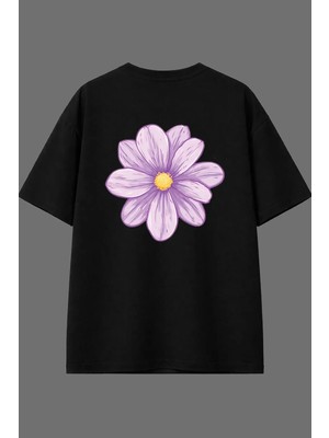 Vsrn Mor Çiçek Tasarım Arka Baskılı Siyah Oversize T Shirt