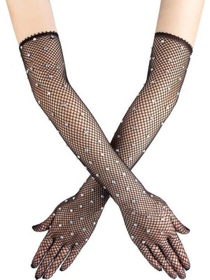 Zenvia Siyah Renk Incili Elmas Işlemeli File Örgü Uzun Eldiven 45 cm