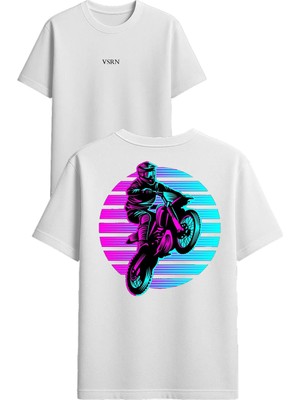 Vsrn Motocross Tasarım Baskılı Beyaz Oversize T Shirt