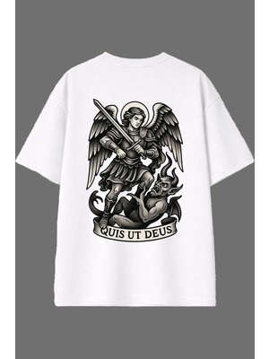 Vsrn Şovalye Deus Tasarım Arka Baskılı Beyaz Oversize T Shirt