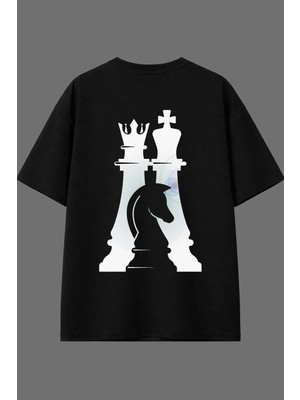 Vsrn Satranç 50 Tasarım Arka Baskılı Siyah Oversize T Shirt