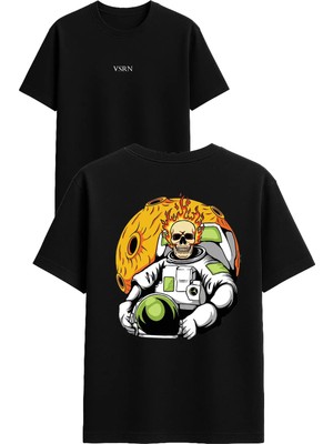 Vsrn Astronot Iskelet Tasarım Baskılı Siyah Oversize T Shirt