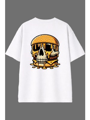 Vsrn Hamburger Isklelet Tasarım Arka Baskılı Beyaz Oversize T Shirt