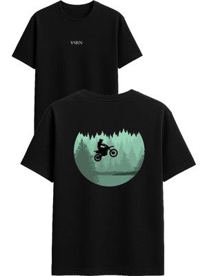 Vsrn Cross Manzara Tasarım Baskılı Siyah Oversize T Shirt