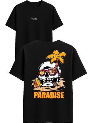 Vsrn Paradıse Iskelet Tasarım Baskılı Siyah Oversize T Shirt
