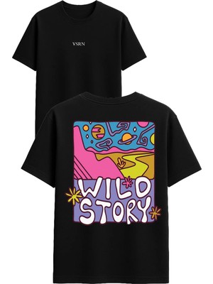 Vsrn Wıld Story Tasarım Baskılı Siyah Oversize T Shirt